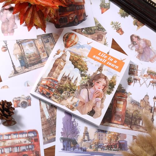 50 Sheets Vintage Aesthetic Scrapbook Stickers 200 Pre-Cut Washi Stickers People Girl Sticker City Landscape Sticker Scrapbooking Supplies - color: Small Town
