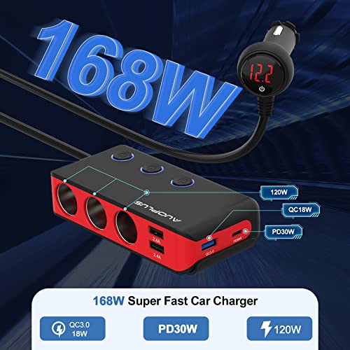 Car Cigarette Lighter Adapter, USB C Charger 30W and Quick Charge 3.0 Car Cigarette Lighter Splitter, 12V/24V Independent Switches, Fast Car USB Charger for All Car Devices, iPhone 14/13/12 pro | Car Cigarette Splitter 12V/24V Independent Switches, Fast C