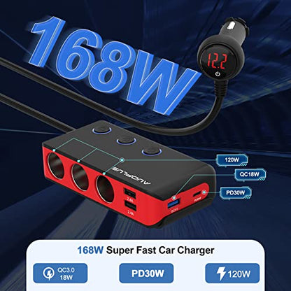 Car Cigarette Lighter Adapter, USB C Charger 30W and Quick Charge 3.0 Car Cigarette Lighter Splitter, 12V/24V Independent Switches, Fast Car USB Charger for All Car Devices, iPhone 14/13/12 pro | Car Cigarette Splitter 12V/24V Independent Switches, Fast C