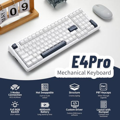 Wireless Mechanical Keyboard with Wrist Rest,Tri-Mode BT5.0/2.4GHz/USB-C Hot Swappable Custom Keyboard,Pre-lubed Clicky Switches,RGB Backlit Computer Gaming Keyboards for PC/Tablet/PS/Xbox(White) - color: White-99keys, size: Clicky