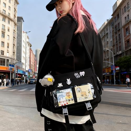Kawaii Crossbody Ita Bag for Women with Pin and Plush Penguin, Cute Messenger Bag Japanese Crossbody Bag Y2K Purse - color: Black, size: Large-Fit Laptop