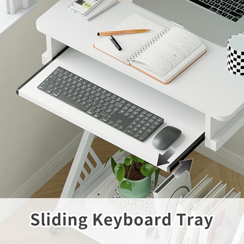 ALISENED Computer Desk for Small Spaces Compact Desk with Keyboard Tray | 23.6" Z-Shaped, with Wheels and Bottom Shelves, for Home Office, Computer Cart Mobile Laptop Cart, White - color: White