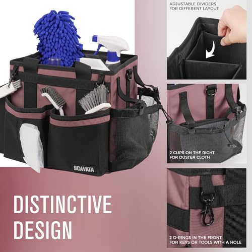 SCAVATA Compact Wearable Cleaning Caddy with Handle & Shoulder Straps | Small Cleaning Supplies Organizer, Under Sink & Car Cleaning Tools Storage Bag for Housekeepers Cleaners, LotusPink - color: LotusPink