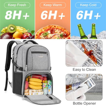Insulated Lunch Backpack Fit 17" Laptop with Cooler Compartment | 2 In 1 Work Backpack with Lunch Box, Lunch Compartment, Water-Resistant, Lightweight, College Couputer Bag, Men & Women - color: Gray