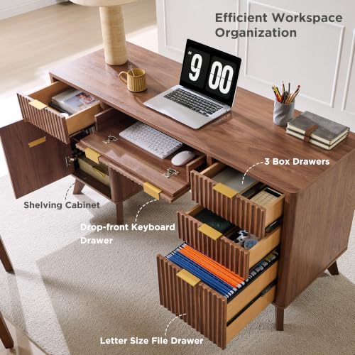 T4TREAM Fluted Executive Desk with Drawers, 60" Modern Home Office Computer Desk with Charging Station, File Cabinet, Keyboard Tray and Storage Cabinet for Study, Living Room, Bedroom, Light Walnut - color: Light Walnut