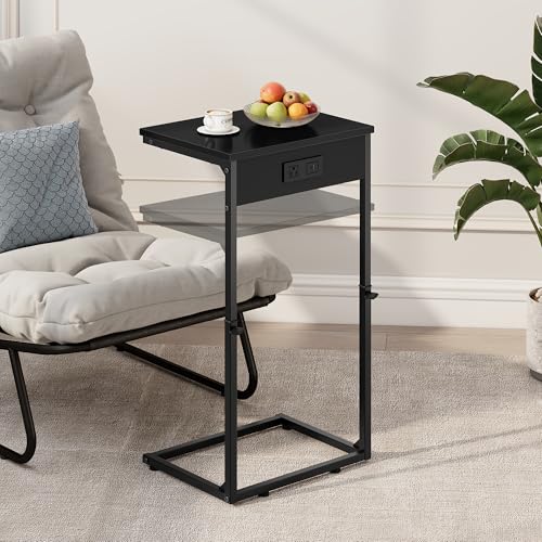 C Shaped End Table with Charging Station, Adjustable Height Side Table for Couch,Small Side Table Small Spaces, 33.2'' Tall Couch Tables that Slide Under, Tv Tray Table for Living Room, Black - color: Black (1 Pack), style: With Plug