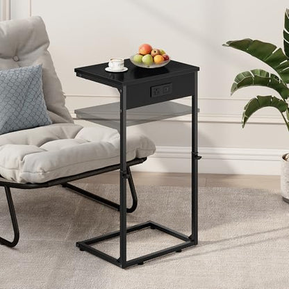 C Shaped End Table with Charging Station, Adjustable Height Side Table for Couch,Small Side Table Small Spaces, 33.2'' Tall Couch Tables that Slide Under, Tv Tray Table for Living Room, Black - color: Black (1 Pack), style: With Plug