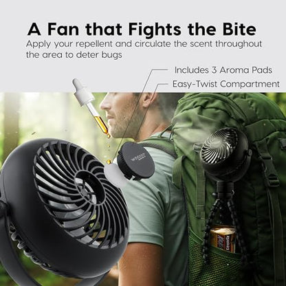 IRIS USA WOOZOO Portable Personal Fan, USB-C Charging, Tripod Stand, Black | LED Light, Mosquito Repellent Tray, 360° Tilt, 3 Speeds, Pet Stroller Car Fan, Camping Golfing Outdoor Use - color: Black, style: Tripod