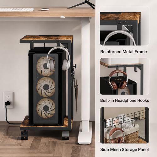 PC Stand with Charging Station, Height Adjustable Computer Tower Stand, 19.7"-31.5" H, Computer Cart with Wheels and Hooks, CPU Holder for Floor, Carpet and Under Desk, Rustic Brown - color: Rustic Brown