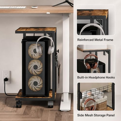 PC Stand with Charging Station, Height Adjustable Computer Tower Stand, 19.7"-31.5" H, Computer Cart with Wheels and Hooks, CPU Holder for Floor, Carpet and Under Desk, Rustic Brown - color: Rustic Brown