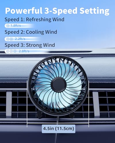 USB AC Fan for Car SUV Van Pickup Truck RV Vehicles Air Vent, Car Vent Fan to Boost Cooling Air Circulation, Colorful Lighting Car Clip On Fan 3 Speed Setting 360 Rotating Quiet Running