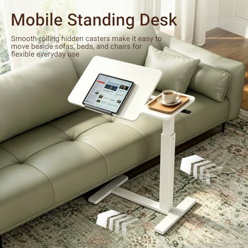Haotian Overbed Table with Wheels, Adjustable Height Bedside Table with Tilting Desktop, Rolling Laptop Table with Side Shelf, Over Bed Table for Sofa, Bed, Home Office, White DJ-FWT002 - color: White