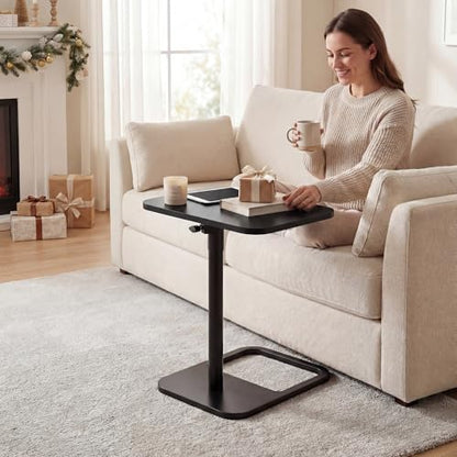 YUHFERA Couch Table, 360° Swivel Adjustable TV Tray for Small Spaces, Black | Height-adjustable sofa side table slides under seating for eating, reading, laptop work, and everyday essentials - color: Black