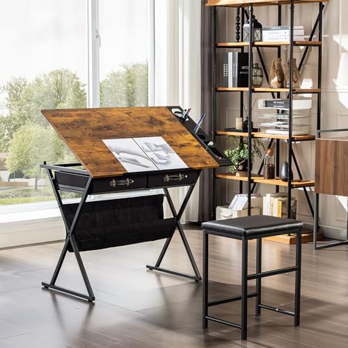 VECELO Drafting Table Art Desk Art Table Adjustable Drawing Table Tilted Tabletop with 2 Storage Drawers and Stool, Drawing Desk for Artist Painters Drawing, Crafting, Reading, Writing, Rustic Brown - color: Rustic Brown