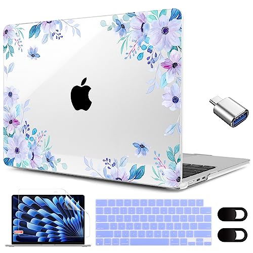 MEEgoodo for M5/M4/M3/M2 MacBook Air 15 inch Case 2026 2025 2024 2023, Case Fit Model (A3448/A3241/A3114/A2941) for MacBook Air 15.3 inch, Soft Purple Floral - color: Soft Purple Floral