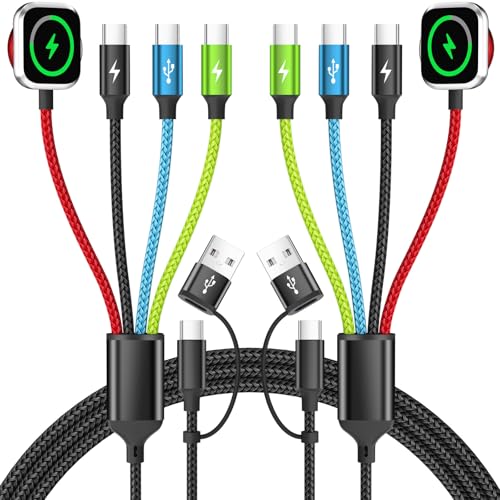 Triple USB C Multi Charging Cable with iWatch Charger, 2 Pack 5FT | One Cable Charges Multiple USB C Devices with Less Cable Clutter, Ideal for Travel, Cruises and Everyday Charging - color: 2Pack-Red_Blue_Black_Green-3C, style: Red iWatch Charger