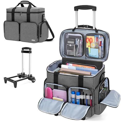 Rolling Teacher Tote Bag with 2 Detachable Pouches for Work, Gray | Wheeled Teacher Uility Bag with 15.6" Padded Laptop Sleeve, Large Briefcase with Detachable Trolley for Women - color: Gray