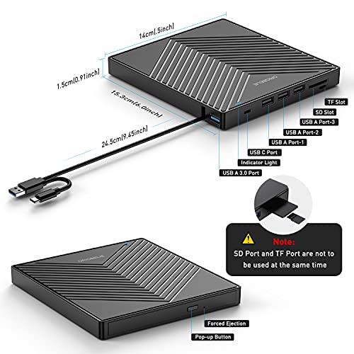 ORIGBELIE External CD DVD Drive 4 USB Port 2 TF/SD Card Slot &Carrying Case | Slim USB 3.0 CD DVD ROM Player Burner Reader Writer Rewriter Optical Disk Drive for Laptop PC Mac OS Windows 11/10/8/7 Linux - size: 6.1" x 5.45" x 0.65"