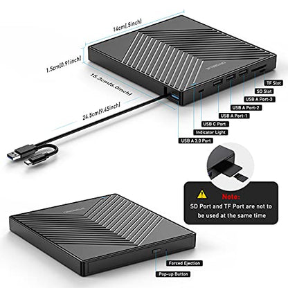 ORIGBELIE External CD DVD Drive 4 USB Port 2 TF/SD Card Slot &Carrying Case | Slim USB 3.0 CD DVD ROM Player Burner Reader Writer Rewriter Optical Disk Drive for Laptop PC Mac OS Windows 11/10/8/7 Linux - size: 6.1" x 5.45" x 0.65"