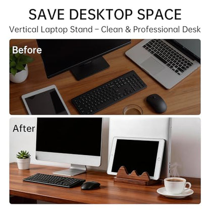 Vertical Laptop Stand for Desk Wood Walnut Adjustable Width Holder Compatible with All MacBook Pro Air HP Dell Surface Organizer Fits 10-30mm Laptops Dual Slot Design