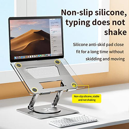 Rotating Laptop Stand, 360° Angle Swivel, Height Adjustable for Neck/Shoulder Health, Solid Aluminum Base, Fits 10"-17" Laptop & Tablet (Silver)