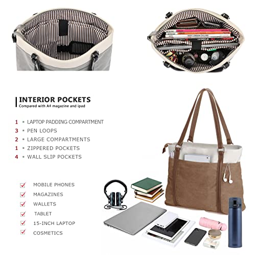 Laptop Tote Bag for Women, 15.6 Inch Work Bag with Laptop Compartment and Zipper, Canvas Computer Tote for Teacher - color: Brown