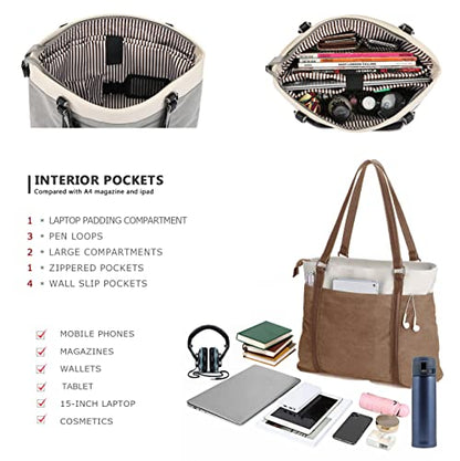 Laptop Tote Bag for Women, 15.6 Inch Work Bag with Laptop Compartment and Zipper, Canvas Computer Tote for Teacher - color: Brown