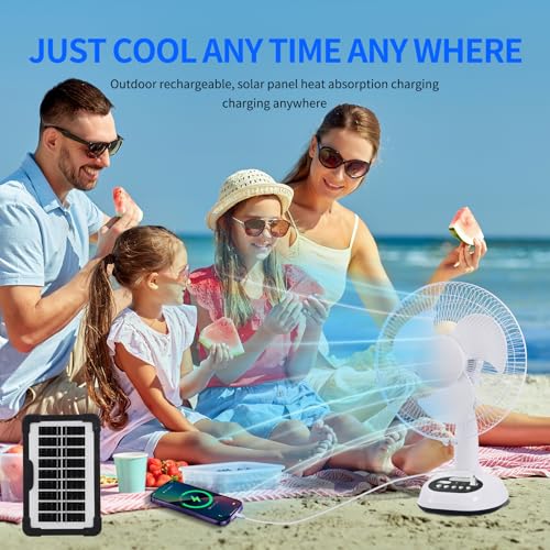 14400mAh Rechargeable Solar Powered Fan, AC DC Portable Camping PowerBank Fan ,12 Inch Oscillating Tabletop Fan with Led Night Light for Home Office Outdoor Camping Tent Traving