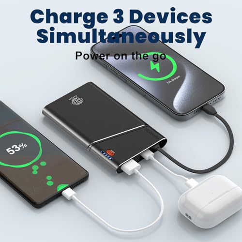 Aaoyun Portable Charger Power Bank, 10000mAh 22.5W PD Fast Charging Powerbank with Built-in USB C Cable, Slim External Phone Battery Pack for iPhone 17/16/15 Samsung S24 Android etc (Black) - color: Black-10000mah