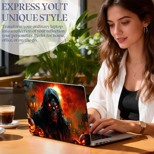 Universal Laptop Skin Sticker Decal,15.6 Inch Laptop Vinyl Cover for 13" 14" 15.6" Laptop,Scratch-Resistant Waterproof Protector Wrap,Reusable with Wrist Pads,Skeleton Pumpkin Hell - color: Skeleton Pumpkin Hell