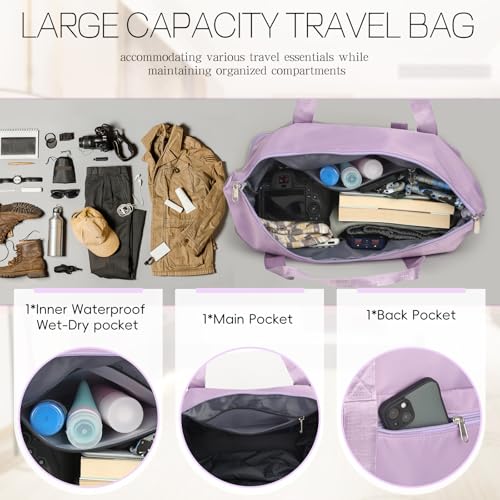 VOOWO Duffel Bag with Wheels - Rolling Foldable Expandable Duffle Bag with Wheels for Travel, Rolling Luggage Bag Carry On Travel Bag with Wheels, Large Wheeled Overnight Weekender Bag (Light Purple) - color: Light Purple