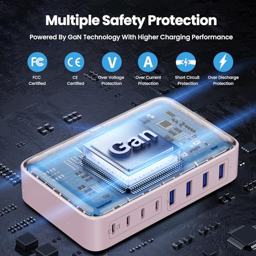 USB C Charger 200W USB C Charger Block,Upgraded GaN III 8-Port Fast Charging Station Hub,PD 65W Laptop Charging Adapter Compatible with MacBook Pro/Air,DELL,Steam Deck,iPhone 16/15/14,Galaxy S23/22 - color: Pink, size: 200W