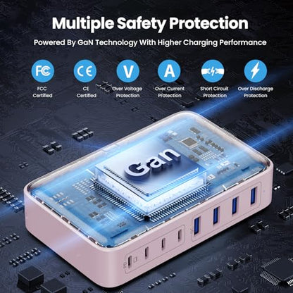 USB C Charger 200W USB C Charger Block,Upgraded GaN III 8-Port Fast Charging Station Hub,PD 65W Laptop Charging Adapter Compatible with MacBook Pro/Air,DELL,Steam Deck,iPhone 16/15/14,Galaxy S23/22 - color: Pink, size: 200W