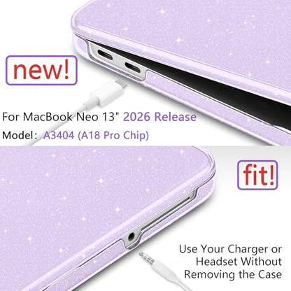 DONGKE Glitter Case for MacBook Neo 13 Inch 2026 (Model A3404 | A18 Pro Chip) | Clear Sparkly Hard Shell Cover with Screen Protector | Keyboard Cover & 2 USB-C Adapters - Bling Purple - color: Bling Purple