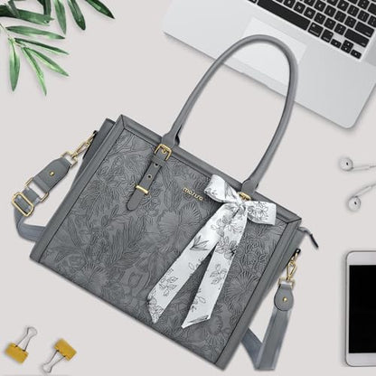 MOSISO Laptop Bag for Women, 15.6-16 inch PU Leather Tote Bag | Compatible with MacBook, HP,Dell,Asus, Front Embossed Retro Hibiscus Computer Bags with Silk Scarf&Clutch Purse, Gray - color: Gray, size: 16 inch