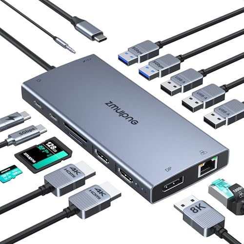 USB C Docking Station Dual Monitor Laptop Docking Station with 2 HDMI DP 8K | 15 in 1 Docking Station 3 Monitors with 100W PD 6 USB A/C Ports Button USB C Hub Multiport Adapter for Dell HP Windows Laptop