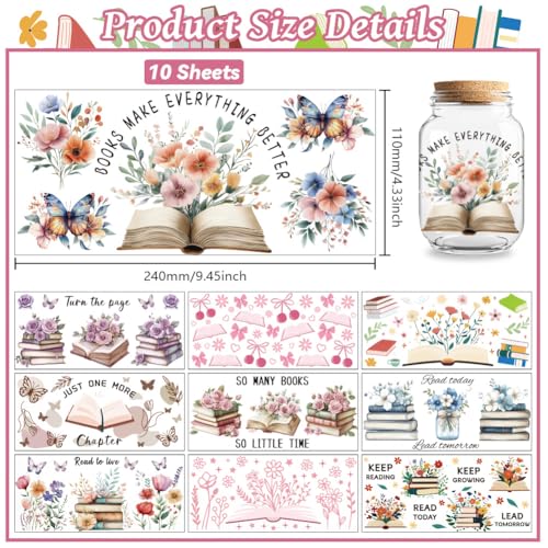 UV DTF Cup Wraps Transfer Stickers Book and Flowers Pattern, 10 Sheets Waterproof Custom Vinyl Transfer Sticker 16oz Coffee Glass Cup Tumbler Bottle Mug Decals for Men Women | Waterproof UV DTF Stickers, Custom Vinyl Decals for 16oz Coffee Cups Tumblers B