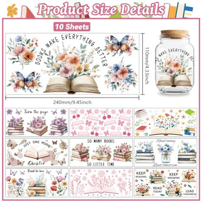UV DTF Cup Wraps Transfer Stickers Book and Flowers Pattern, 10 Sheets Waterproof Custom Vinyl Transfer Sticker 16oz Coffee Glass Cup Tumbler Bottle Mug Decals for Men Women | Waterproof UV DTF Stickers, Custom Vinyl Decals for 16oz Coffee Cups Tumblers B