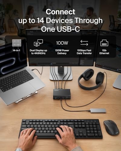 Belkin Connect 14-in-1 Docking Station 100W, Dual Display USB C Dock w/ 4K@60Hz Support, DisplayLink Technology - USB C Dock w/ 10Gbps Data Transfer, 1Gb Ethernet Port - Laptop Expansion Hub - style: 14-in-1, Dual Display, 100W