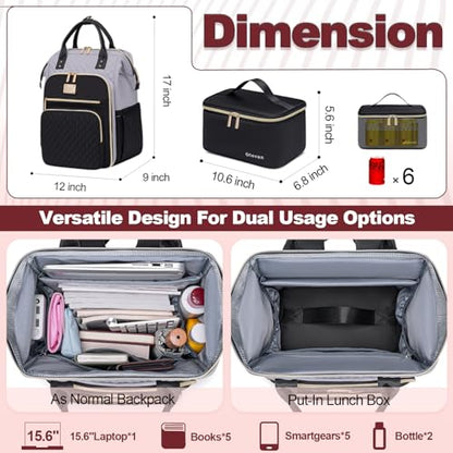 Otevan 15.6 Inch Laptop Backpack for Women, Work Backpack with Lunchbox, Insulated Backpack Cooler, Teacher Nurse Travel Backpack for Women, Gray/Black, 24009 - color: Gray/Black