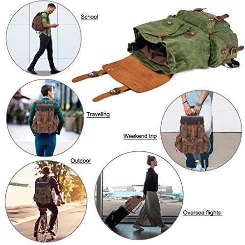 WUDON Leather Backpack for Men, Waxed Canvas Shoulder Rucksack Carry-On Travel Backpack - color: Khaki-regular