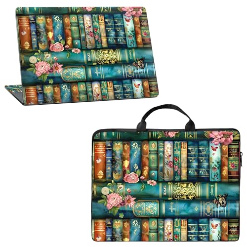 12 inch Laptop Sleeve with Laptop Skin Sticker Combo – Waterproof Slim Laptop Case with Premium Zipper, Portable Notebook Bag for MacBook & Tablet Devices, Art Bookshelf - color: Art Bookshelf, size: 12 inch