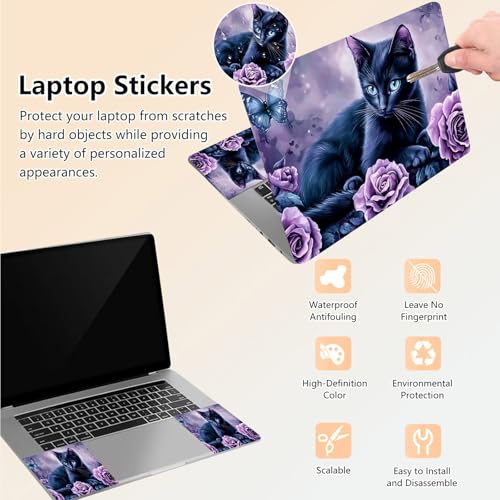 Laptop Skin Sticker Decal 15.6 Inch,12 13 13.3 14 15 15.6 in Laptop Netbook Skins for Notebook,Art Decal Removable Waterproof Scratch Resistant,Universal Vinyl Cover,Black Cat Purple Flower - color: Black Cat Purple Flower