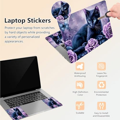 Laptop Skin Sticker Decal 15.6 Inch,12 13 13.3 14 15 15.6 in Laptop Netbook Skins for Notebook,Art Decal Removable Waterproof Scratch Resistant,Universal Vinyl Cover,Black Cat Purple Flower - color: Black Cat Purple Flower