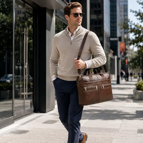 Men's Leather Laptop Bag 15 IN, Water-Resistant Briefcase Messenger Bag for Work, Business, Shoulder Crossbody Office Satchel - color: Brown-3