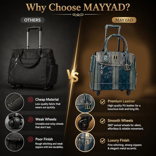 Rolling Laptop Bag for Women with Wheels & Handle Luxury Pure Leather Embossed Work Bag with Laptop Sleeve Travel Briefcase - color: Teal & Shadow