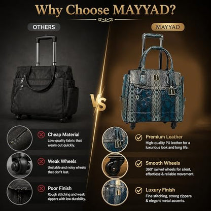 Rolling Laptop Bag for Women with Wheels & Handle Luxury Pure Leather Embossed Work Bag with Laptop Sleeve Travel Briefcase - color: Teal & Shadow
