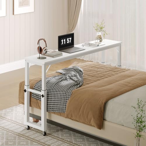MAHANCRIS Overbed Table with Wheels, Mobile Bed Desk for Queen Size, 36"-43.5" Adjustable Height Rolling Table, Recliner Desk, Mobile Cross Bed for Bedroom, Living Room, Office, White MTWT18001 - color: White