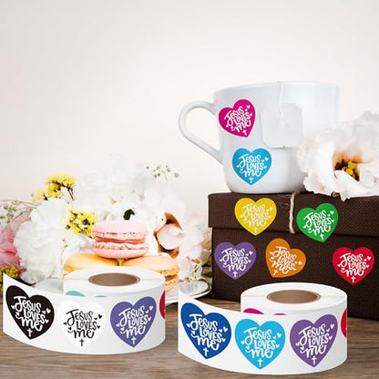 CNhoqc Easter Jesus Sticker Rolls - 1000Pcs Jesus Loves Me Heart Self-Adhesive Sticker Junk Journal Water Bottle Laptop Vinyl Easter Basket Stuffers Birthday Party Church Event Scrapbooking Supplies - style: Jesus Loves Me（Heart-Shape）