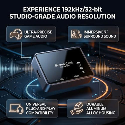 7.1 USB / 3.5mm Surround Sound Card, 192kHz / 32bit DAC | External PC Gaming Sound Adapter, Aluminum Alloy HiFi Audio Dongle for FPS, Laptop & Desktop
